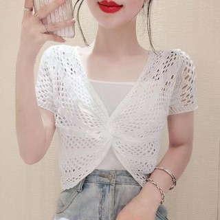 《現貨下單》【店鋪熱銷】夏季鏤空v領短袖針織衫女薄款防曬上衣搭配裙子寬鬆罩衫短版外搭