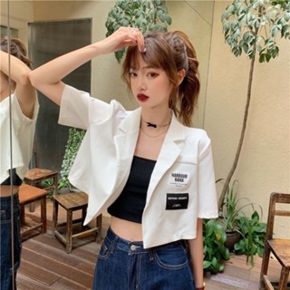 【SHINE GIRL】網紅小西裝 短袖外套女 夏薄款垂墜感韓版 寬鬆設計感 小眾 黑色 短版888