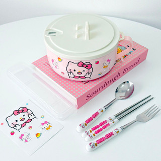 HelloKitty泡麵碗304不鏽鋼帶蓋ins卡通大容量可瀝水泡麵學生飯盒
