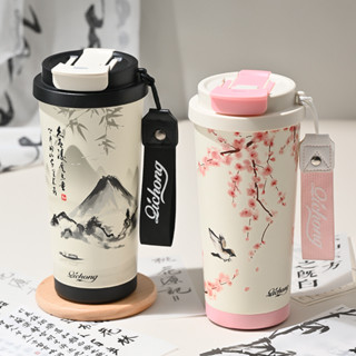 新款正品🔥秒出【急速出貨】高大上家居精品 國潮水墨畵 雙飲咖啡杯 316不銹鋼 內膽陶瓷 保溫杯 便攜商務 禮品杯子