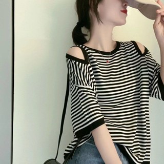 露肩剪裁 條紋上衣女 薄款中長版T恤 休閒百搭顯瘦日常上衣 150kg大尺碼女生適穿