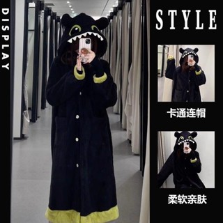 珊瑚絨浴袍可愛保暖毛絨加厚[D1202]無牙仔珊瑚絨冬季睡袍女加絨加厚睡衣冬天中長款法蘭絨連帽家居服