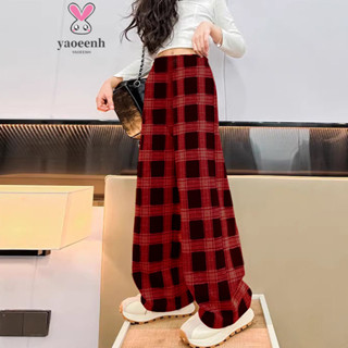 【YAOEENH】120-170CM 中大童寬鬆休閒格子寬褲 秋冬款女童刷毛加厚外穿保暖褲子 現貨 快速出貨