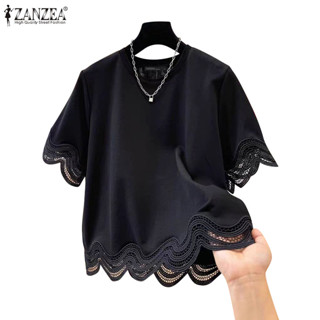 ZANZEA 女式韓版時尚休閒圓領拼接蕾絲寬鬆短袖上衣