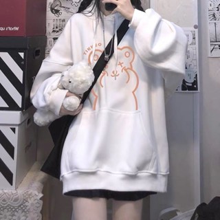 胖胖美依 S-4XL 大碼女裝 卡通T卹 長袖T卹 連帽 大尺碼上衣 新款連帽衛衣寬鬆慵懶風小熊-2183.