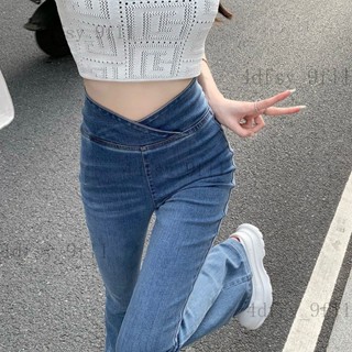 『珞伊不覺優選』不對稱牛仔褲喇叭褲女牛仔牛仔褲褲子女 2022 高腰喇叭打底褲緊身復古熱銷韓版