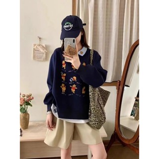 XYJ 混搭款減齡卡通刺繡假兩件上衣寬鬆翻領長袖大學T
