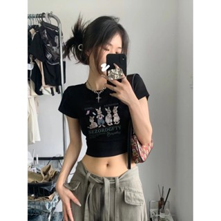 Chic☀【2611人收藏】純欲風印花短袖t恤女夏新款緊身顯瘦甜辣妹百搭高腰露肚上衣ins潮 短版上衣 露腰t恤 短版上