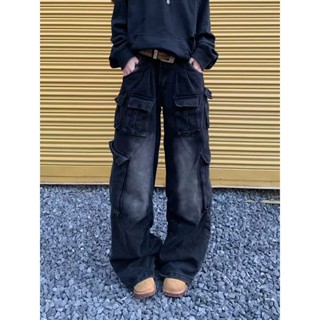【HOT 本舖】 美式復古水洗做舊直筒多口袋牛仔褲寬鬆闊腿拖地長褲男女