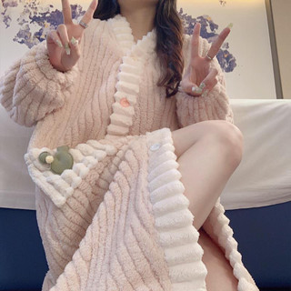 睡袍女冬刷毛加厚珊瑚絨睡衣秋冬女士休閒簡約保暖法蘭絨浴袍