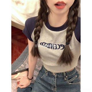 【Summer系限時下殺】美式復古風短版上衣 撞色插肩字母刺綉 修身顯瘦短版短袖上衣 露臍 純棉短版上衣 辣妹上衣