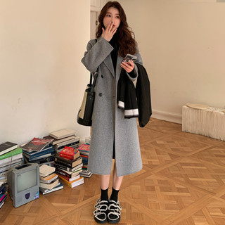 高階感灰色呢子大衣女中長款2024韓版秋冬新款係帶加厚毛呢外套女