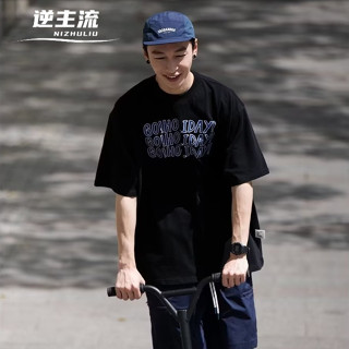 現貨特價 日系簡約短袖T恤 黑色XL純棉套頭短T 美式高街印花短袖T恤 男士夏季潮流學生T 復古ins寬鬆半袖上衣