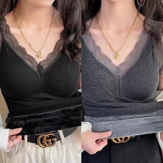 大尺碼保暖背心女加絨加厚打底衫吊帶內衣自帶可拆胸墊蕾絲花邊塑性
