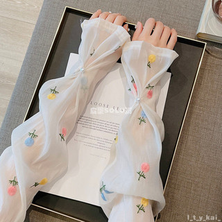 🚚台灣出貨☀️CHUXINSTILL品牌刺繡向日葵泡泡袖夏季防曬袖套 女珍珠扣手袖護袖 騎車袖套 冰絲手套 冰涼袖套