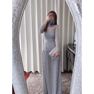 ZMX時尚包包韓系鞦鼕新款女裝高階感灰色蕾絲性感鏤空長袖連衣裙長款氣場晚禮服