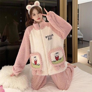 睡衣女秋冬季款拉鏈珊瑚絨加絨加厚寬鬆法蘭絨加肥加大胖mm家居服珊瑚絨睡衣 法蘭絨睡衣 冬季睡衣 保暖衣 棉衣 睡衣