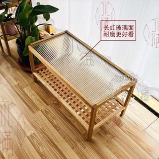 免運🤑 ins風網紅實木小戶型茶几簡約長虹玻璃可收納邊幾創意網格咖啡桌