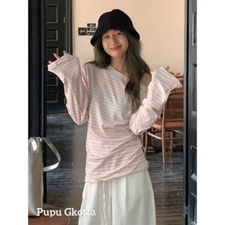 Pupu Gkotta ★ 法式粉色條紋斜肩長袖T恤女士春夏季新款防曬罩衫薄款設計感上衣