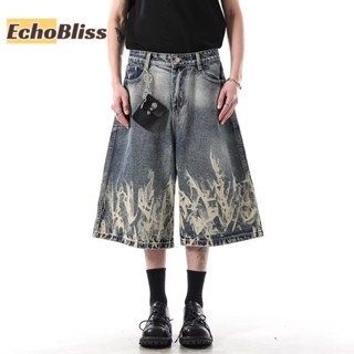 EchoBliss 男士牛仔短褲 美式復古尚潮流閃電紋寬鬆休閒褲子