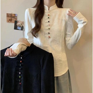實拍胖MM秋冬季國風中式提花加絨加厚盤扣長袖襯衫內搭打底女上衣