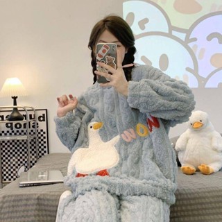 卡通小鴨睡衣女秋冬款霧霾藍珊瑚絨加厚保暖家居服甜美法蘭絨套裝珊瑚絨睡衣 法蘭絨睡衣 冬季睡衣 保暖衣 棉衣 睡衣