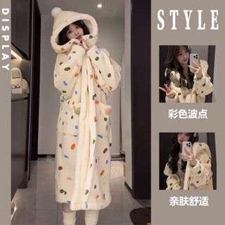 保暖加長浴袍甜美可愛[D1202]高顔值彩色波點珊瑚絨睡衣女冬季加絨加厚法蘭絨連帽長款家居睡袍