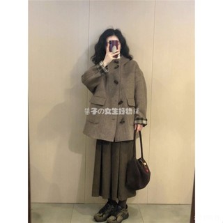 無敵版型🫧 牛角扣連帽毛呢大衣女 小個子赫本風高級感短版毛呢外套 秋冬季美拉德短板大衣 寬鬆顯瘦牛角扣大衣 呢子大衣
