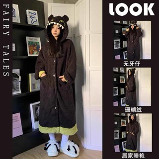 【睡衣專賣鋪】【店鋪熱銷】可愛無牙仔珊瑚絨睡衣女冬季加絨加厚保暖法蘭絨連帽長款冬天睡袍