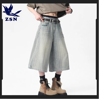 ★yirene★2025夏季微破洞風格店西服袋高品質釘扣條紋7分牛仔褲男