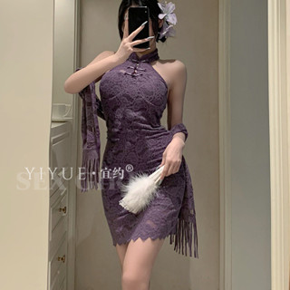 嫵媚女郎-情趣內衣 性感新中式蕾絲立領旗袍女紫色辣妹夜店制服 cosplay 角色扮演 情趣角色服 情趣衣服 制服誘惑