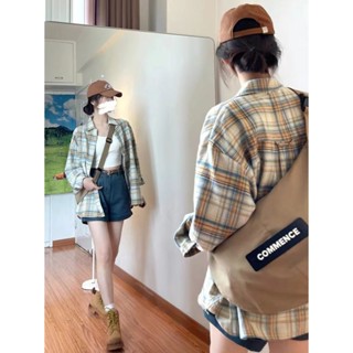 【HOT 本舖】 美式復古撞色格子襯衫早秋寬鬆長袖上衣