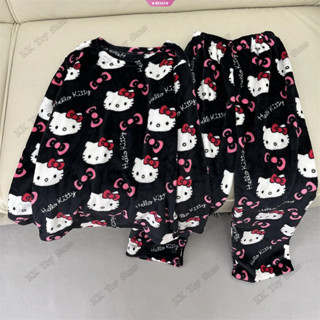 2025新年款 Hello Kitty睡衣女秋冬季法蘭絨加厚刷毛 卡通凱蒂貓冬天可外穿家居服套裝