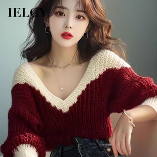 IELGY 女士寬鬆慵懶風紅色V領針織毛衣