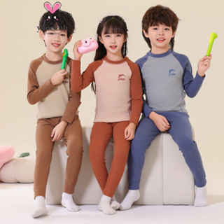 【YAOEENH】100-180CM 秋冬款男女童拼接袖保暖內衣套裝 中大童打底磨毛秋衣衛生褲家居服 現貨 快速出貨