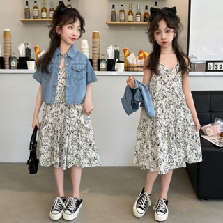 新品現貨女童碎花洋裝夏季2025新款牛仔外套女孩夏款公主裙兒童裙子套裝20250507