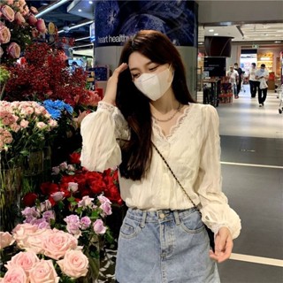 【奇奇樂百貨店】氣質V領蕾絲襯衫 ins風法式溫柔 小眾復古別緻上衣