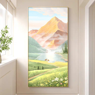 裝飾畫 玄關掛畫 掛畫 招財開運 油畫 壁畫日照金山入戶玄關裝飾畫風景山水畫高階感大芬油畫村走廊過道掛畫背景牆裝飾