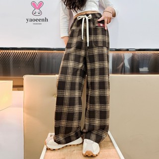 【YAOEENH】120-170CM 秋冬款女童時尚格子直筒寬褲 中大童潮範刷毛加厚寬鬆休閒褲 現貨 快速出貨