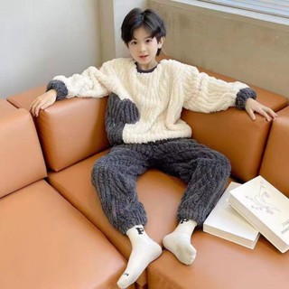 男童睡衣套裝 秋冬季 兒童睡衣套裝 珊瑚絨加厚款法蘭絨男孩中大童套頭兒童家居服套裝