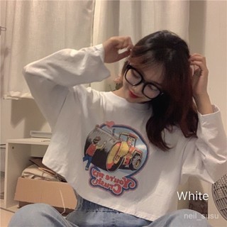 P3-夏秋季韓版薄款短款露臍長袖T恤女學院風寬鬆ins上衣秋衣外穿學生