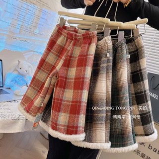 女童保暖格子褲羊羔絨休閒褲加絨加厚闊腿褲