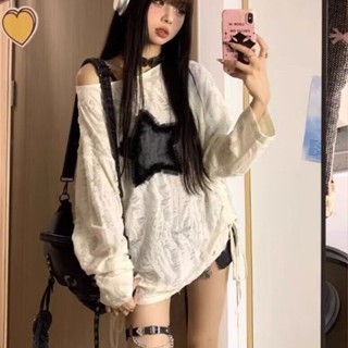怪誕のBoutique 甜酷慵懶風星星蕾絲女生長袖T恤 夏季新款 抽繩破洞寬鬆顯瘦打底上衣