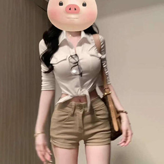 7分褲 工裝短褲 美式辣妹風高腰牛仔褲女褲夏季新款卡其色褲子緊身包臀熱褲超短褲