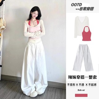 「肉肉小姐」純慾風三件套女2025春夏辣妹防曬長袖罩衫上衣吊帶背心高腰闊腿褲 大尺碼套裝