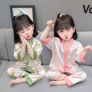 《現貨下單》【店鋪熱銷】夏季冰絲睡衣兒童女孩超萌可愛女童短袖長褲款小外套家居空調服套裝睡衣女童空調服兒童薄長褲女童套裝長