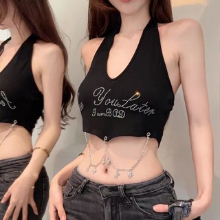 ✨辣妹字母燙鑽吊帶背心帶墊露背美背上衣短版打底百搭內衣夏季25.5.20 KD2Q