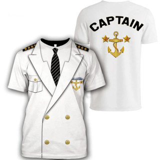 Cosplay夏季時尚男士海軍船長T恤3D列印中性T恤兒童成人街頭休閒運動白色制服衣服