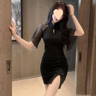 【特惠免運】女士裙裝 連衣裙 包臀裙 網紗喇叭袖拼接旗袍短裙復古立領盤扣鏤空包臀連衣裙