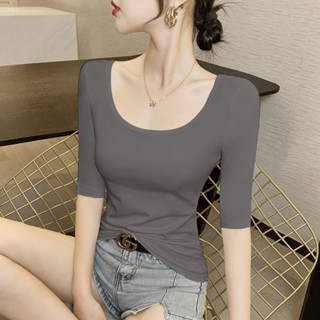 現貨洋氣時尚流行單/兩件裝 莫代爾打底衫女雙U領中袖緊身五分袖修身低領露背上衣網紅臺灣新款爆款防曬